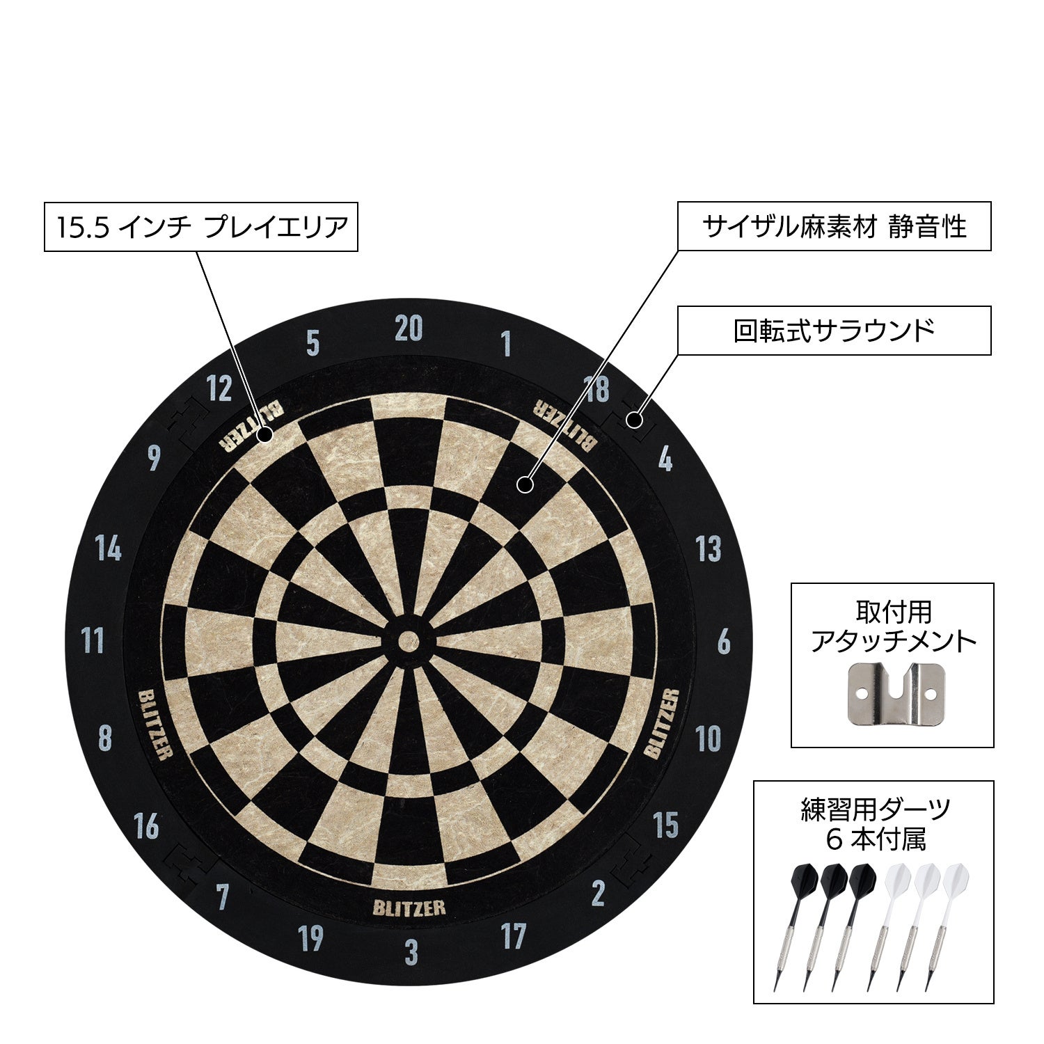 ビーズ株式会社のBB37-BK構成図。サイザル麻の盤面とサラウンド、付属する練習用ダーツを示します。音量測定結果ではありません。