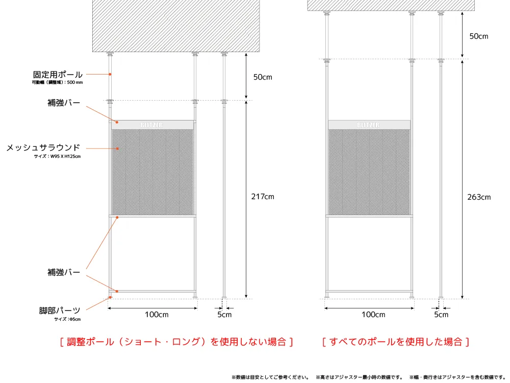 公式寸法図。調整ポールを使わない構成と全ポール使用時の構成、メッシュ95×125cm、固定用ポールの可動部が示されています。