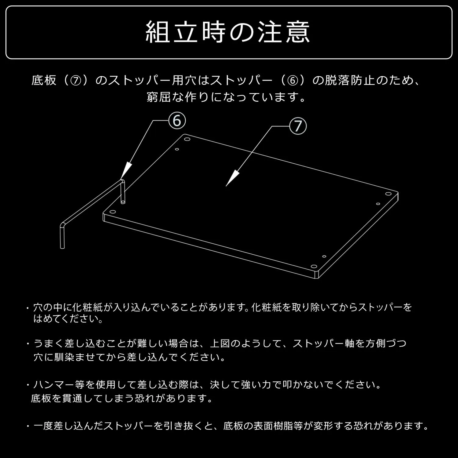 メーカーの組立注意図。底板ストッパーの差し込みに関する案内です。図の部品番号は最新版説明書と異なるため、部品名・形状で照合します。