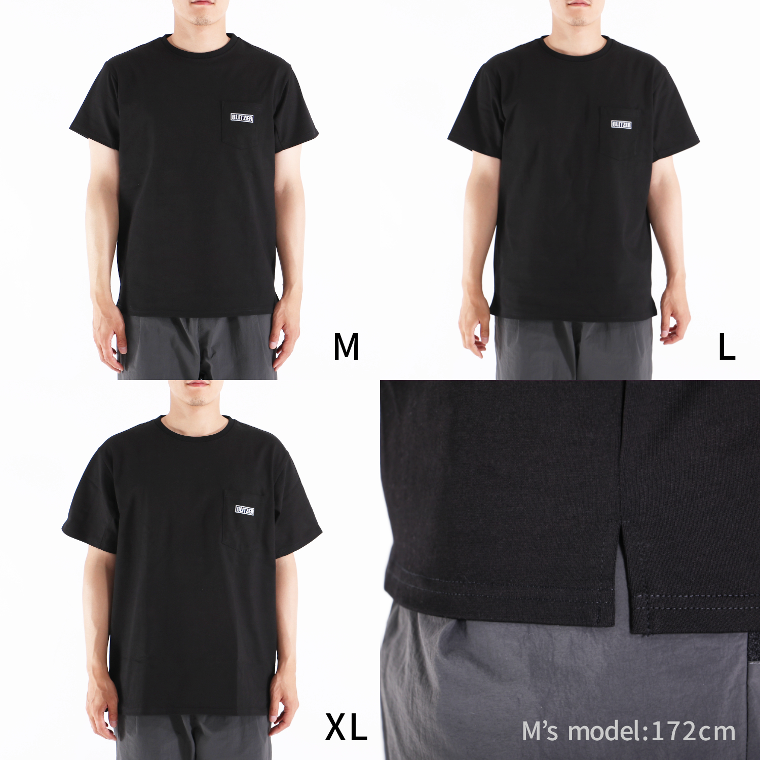 メーカーのM・L・XL着用比較。モデル身長は172cmと表記されています。右下は裾スリットの詳細です。 写真・図：BLITZER公式