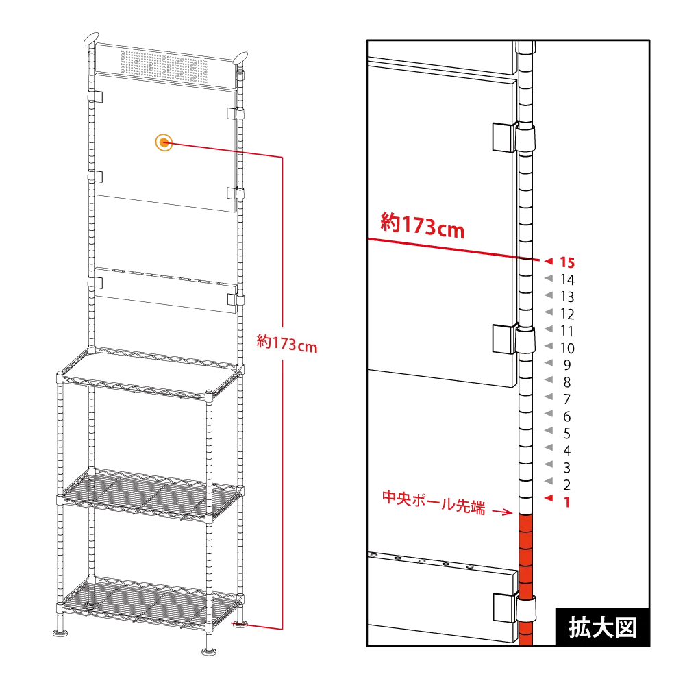 公式のボード取付高さの案内図。約173cm・15目盛目は目安で、実際に床から測って確認します。