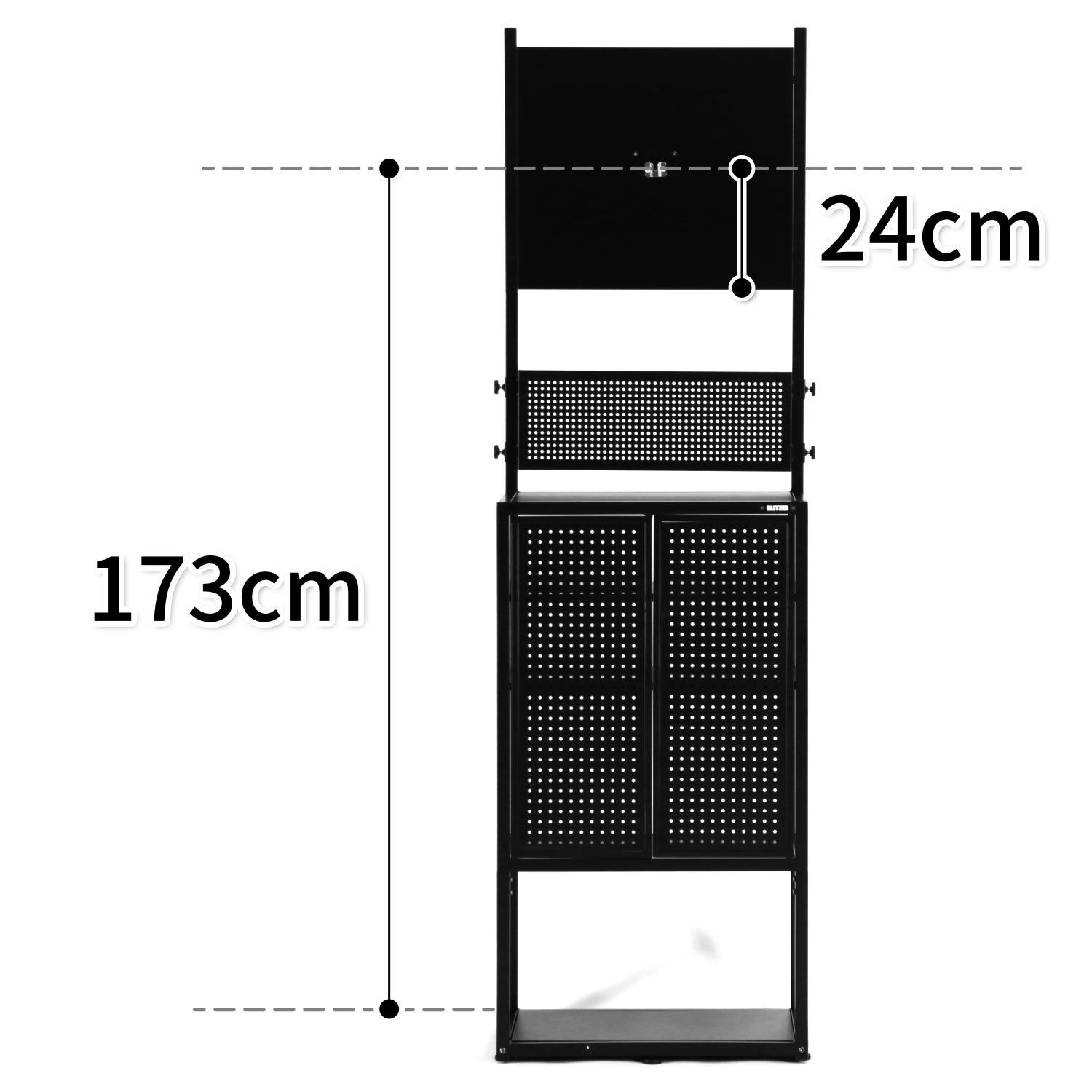 BSD40-BKの背面設置寸法図。ボード中心の目安173cmと24cmの寸法表示を示しています。